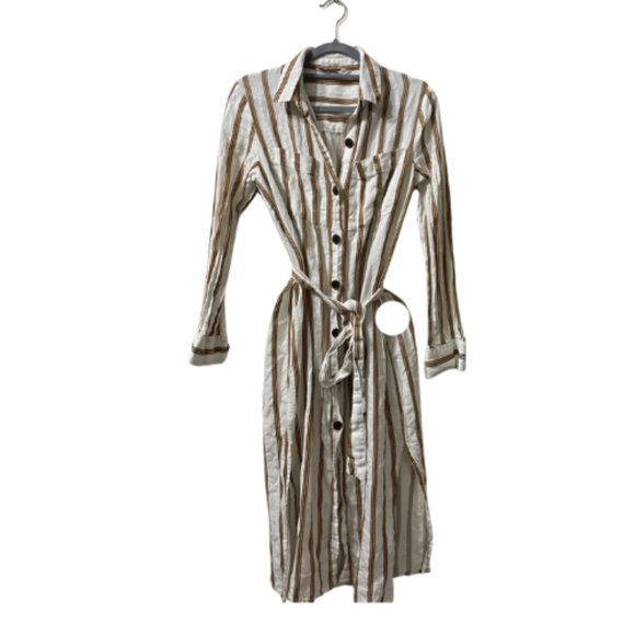 ZARA Striped Linen Shirt Dress with Self Tie Belt White Button-Down Boho Medium - Picture 2 of 9